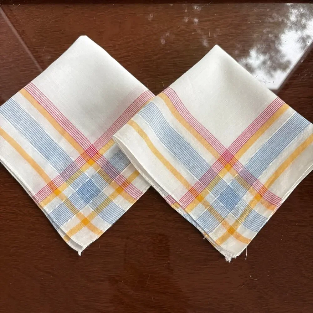 Vintage Plaid Cotton Handkerchief Set Blue Yellow Red 11x11